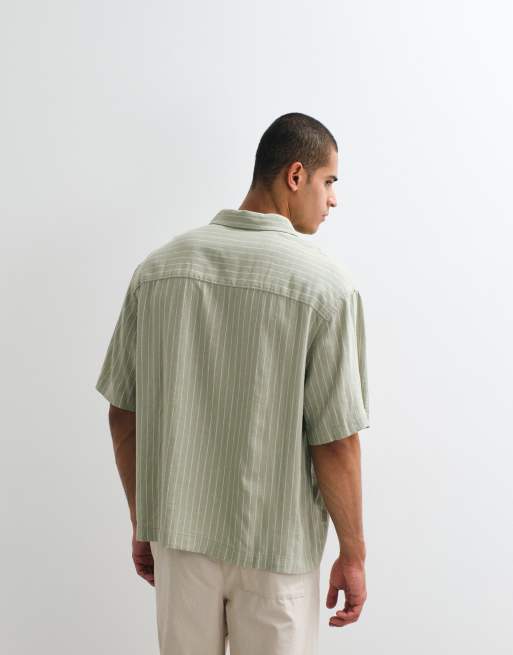 ASOS DESIGN – Gestreiftes Oversize-Hemd aus Leinenmix in Salbeigrün, 4 von 5