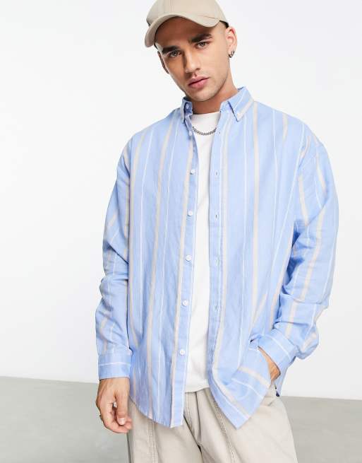 ASOS DESIGN – Gestreiftes Oversize-Hemd im Stil der 90er aus Leinenmix in Blau