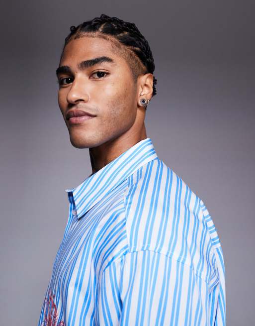ASOS DESIGN – Gestreiftes Oversize-Hemd in Blau mit Stickerei auf der Brust, 4 von 5
