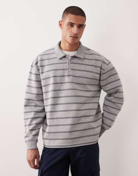 ASOS DESIGN – Gestreiftes Oversize-Polo-Sweatshirt in Grau meliert - view 1