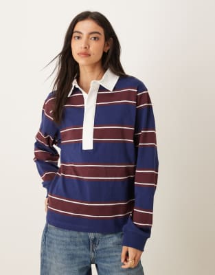 ASOS DESIGN - Gestreiftes Oversize-Rugbyshirt in Marineblau und Burgunderrot-Bunt