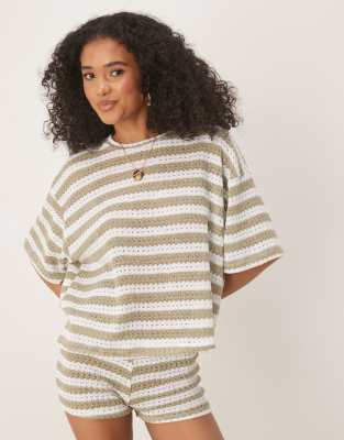 ASOS DESIGN - Gestreiftes Oversize-T-Shirt aus Strick in Khaki und Weiß, Kombiteil-Bunt