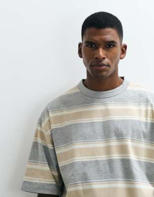 Gestreiftes Oversize-T-Shirt in meliertem Grau Grau 2XL