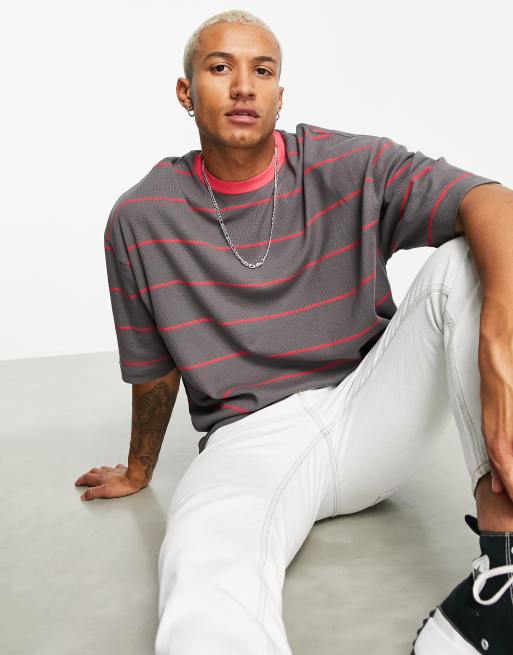 ASOS DESIGN – Gestreiftes Oversize-T-Shirt mit Waffelstruktur in Grau und Rosa