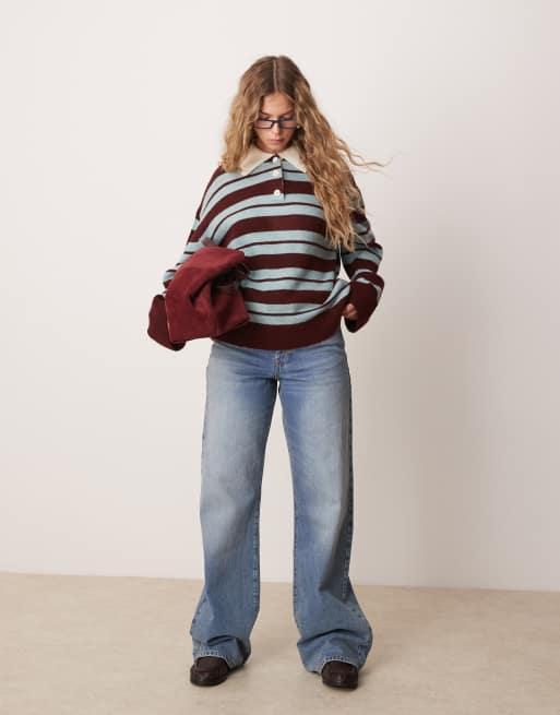 ASOS DESIGN – Gestreiftes Polo-Oberteil aus Strick in Burgunderrot und Blau, 2 von 4