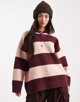 ASOS DESIGN - Gestreiftes Polohemd aus kompaktem Strick in Burgunderrot und Rosa