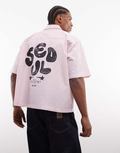 ASOS DESIGN – Gestreiftes Popeline-Hemd in Rosa mit Oversize-Schnitt und Rückenprint - view 1