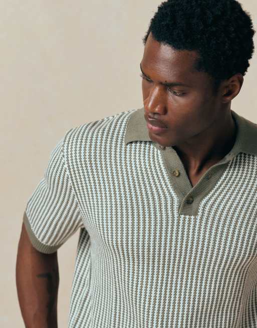 ASOS DESIGN – Gestreiftes Relaxed-Fit-Polohemd aus Strick in Grün und Ecru, 3 von 5