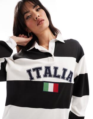 ASOS DESIGN - Gestreiftes Rugby-Hemd in Schwarz-Weiß mit gesticktem „Italia"-Motiv-Bunt