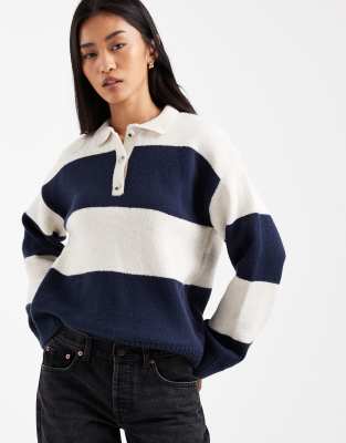 ASOS DESIGN - Gestreiftes Rugby-Oberteil aus Strick mit Oversize-Passform und kontrastierendem Kragen aus Popeline-Marin...