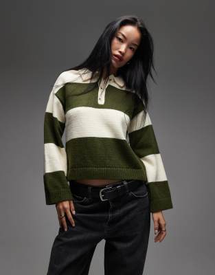 ASOS DESIGN - Gestreiftes Rugby-Strickoberteil in Grün mit Oversize-Passform-Bunt