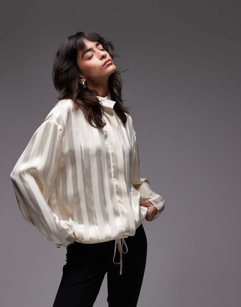 ASOS DESIGN – Gestreiftes Satin-Hemd in Ecru mit Trichterkragen, Kombiteil - view 1