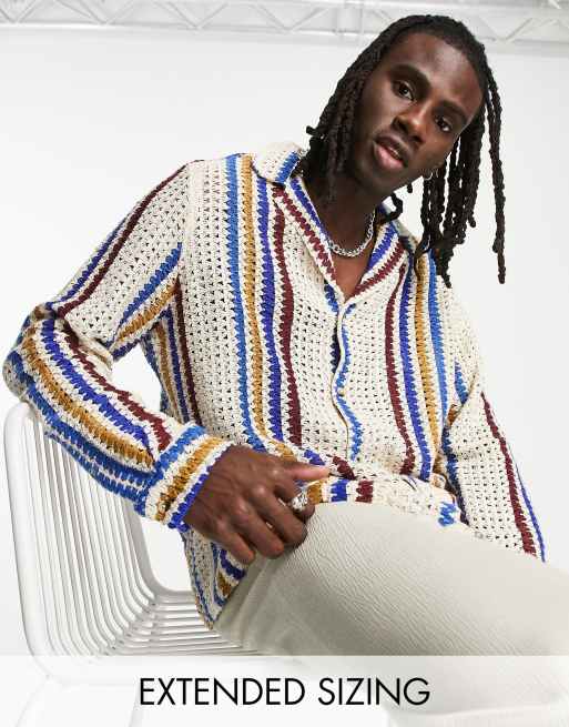 ASOS DESIGN – Gestreiftes Strick-Hemd in Beige mit lockerem Schnitt und Reverskragen
