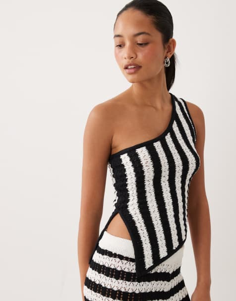 ASOS DESIGN – Gestreiftes, strukturiertes Oberteil in Schwarz-Weiß mit One-Shoulder-Träger, Kombiteil - view 1