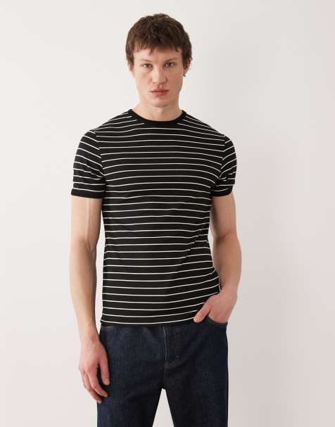 ASOS DESIGN – Gestreiftes T-Shirt aus schwerem, strukturiertem Stoff in Schwarz mit schmalem Schnitt - view 1