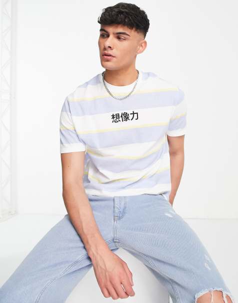 ASOS DESIGN – Gestreiftes T-Shirt in Blau mit lockerem Schnitt und Print auf der Brust - view 1