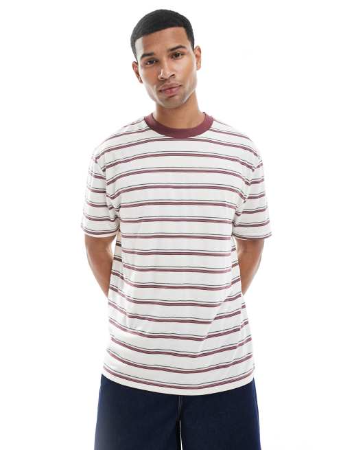 ASOS DESIGN – Gestreiftes T-Shirt in Burgunderrot und Wollweiß mit lockerer Passform, 3 von 4