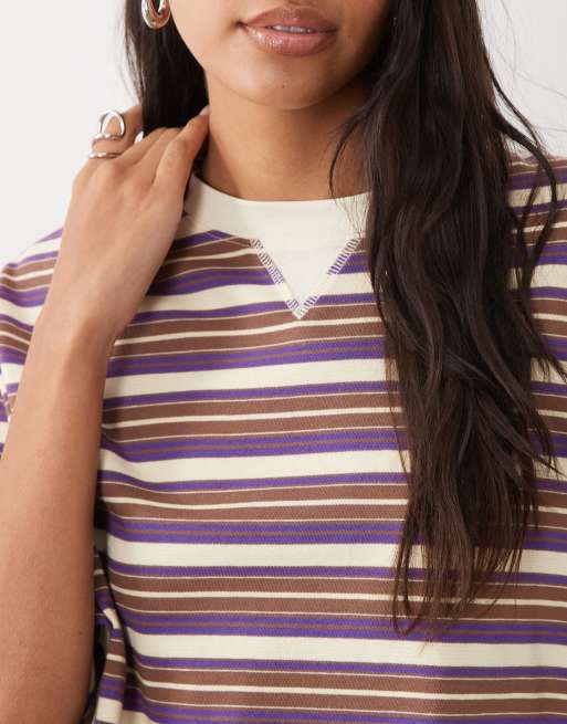 ASOS DESIGN gestreiftes T-Shirt mit kontrastierendem Ausschnitt in Zitronengelb und Lila, 2 von 4