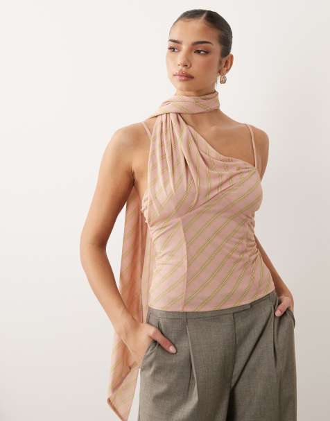 ASOS DESIGN – Gestreiftes Wickeloberteil aus Stretch-Chiffon in Rosa mit Schaldetail - view 1