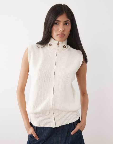 ASOS DESIGN – Gestrickte Jacke aus Baumwollmix in Ecru mit Stehkragen und Reißverschluss - view 1