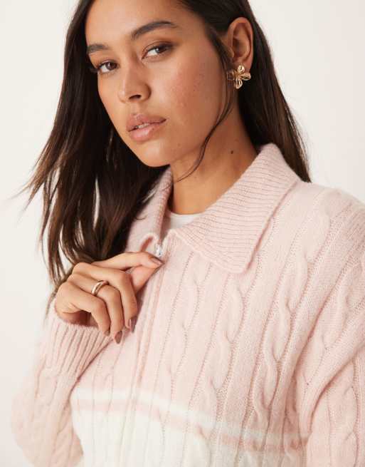 ASOS DESIGN – Gestrickte Jacke in Rosa und Ecru mit Zopfmuster und Reißverschluss, 2 von 4