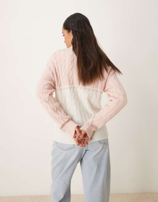 ASOS DESIGN – Gestrickte Jacke in Rosa und Ecru mit Zopfmuster und Reißverschluss, 3 von 4