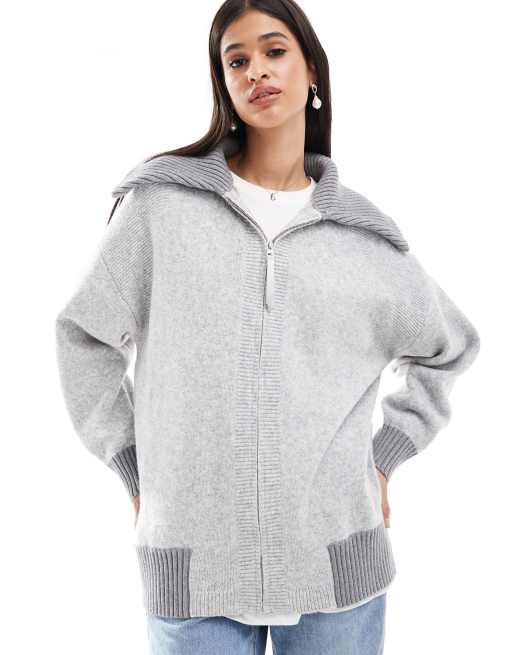 ASOS DESIGN Gestrickte Longline Bomberjacke in Grau mit Kragen