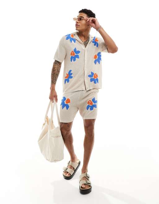 ASOS DESIGN – Gestrickte Pointelle-Shorts mit Blumenstruktur, Kombiteil