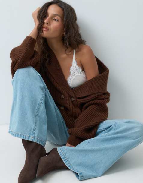 ASOS DESIGN gestrickte Strickjacke mit Schalkragen in Schokobraun - view 1
