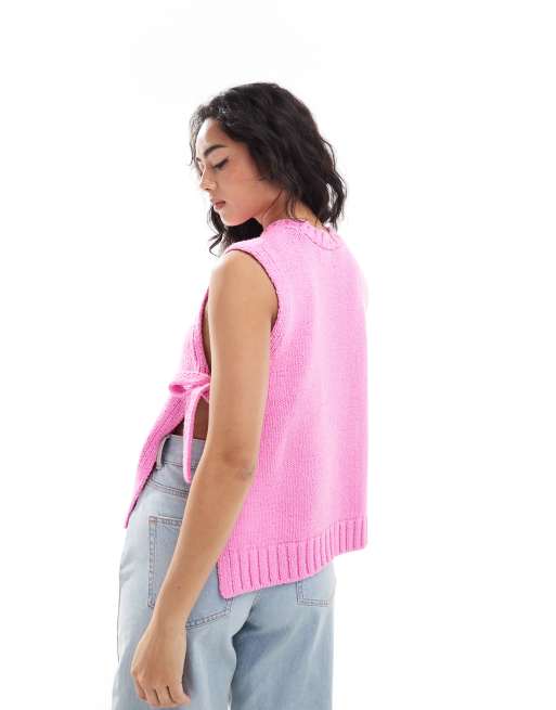 ASOS DESIGN – Gestrickte Tunika-Weste in Rosa mit Rundhalsausschnitt und gebundenen Seiten, 3 von 4