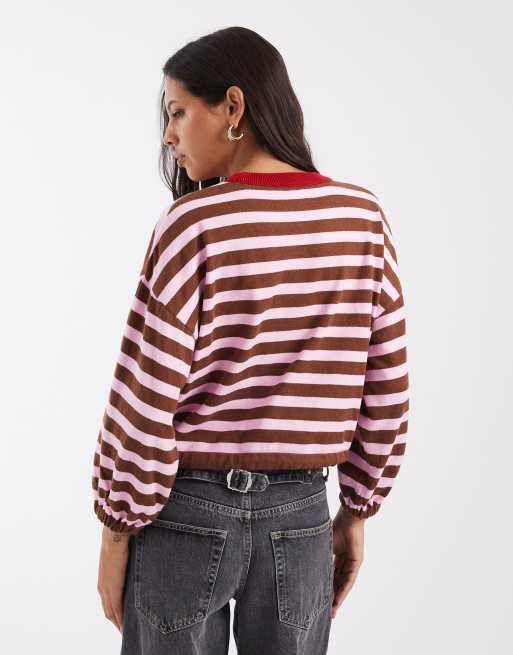 ASOS DESIGN gestrickter gestreifter Pullover mit Tunnelzugsaum in Braun und Pink, 2 von 4