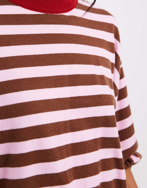 ASOS DESIGN gestrickter gestreifter Pullover mit Tunnelzugsaum in Braun und Pink, 4 von 4