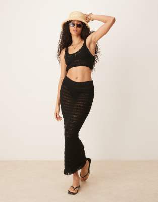 ASOS DESIGN - Gestrickter Maxi-Strandrock in Schwarz mit Fransen