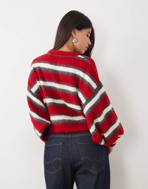 ASOS DESIGN gestrickter Pullover mit angerauten Streifen in Rot, 4 von 4