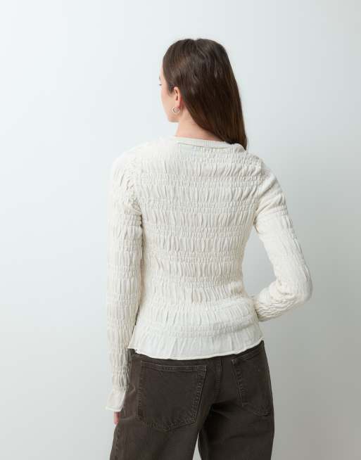 ASOS DESIGN gestrickter Pullover mit Smock-Detail in Ecru, 3 von 5