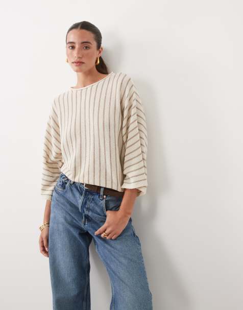 ASOS DESIGN gestrickter Pullover mit vertikalen Streifen in Ecru und Beige - view 1