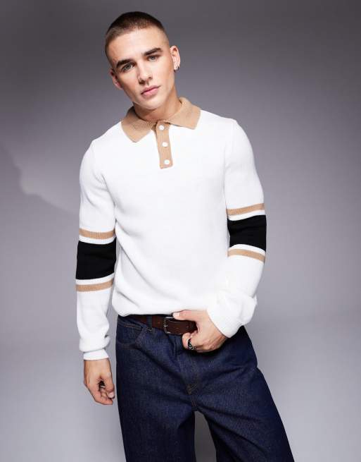 ASOS DESIGN – Gestrickter Rugby-Pullover in Weiß mit Streifen an den Ärmeln