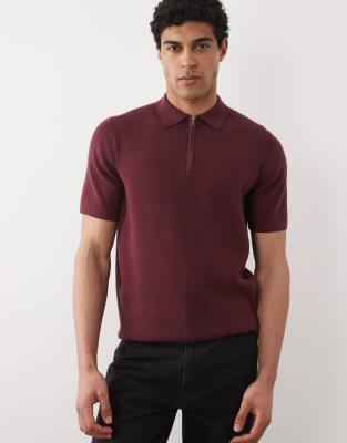 Gestricktes Basic-Polohemd aus Baumwollmix in Burgunderrot mit Reißverschluss Rot 3XL