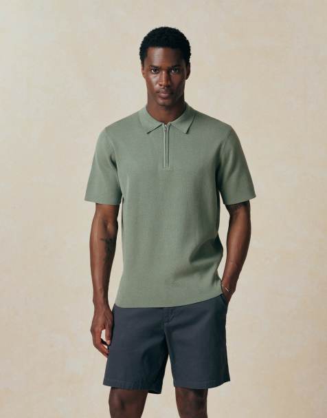 ASOS DESIGN – Gestricktes Basic-Polohemd aus Baumwollmix in dunklem Salbeigrün mit Reißverschluss - view 1