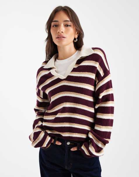 ASOS DESIGN – Gestricktes, flauschiges Polo-Oberteil in gestreiftem Weinrot - view 1