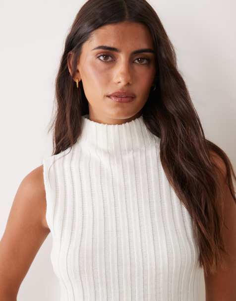 ASOS DESIGN gestricktes, geripptes Tanktop mit hohem Kragen in Cremeweiß - view 1