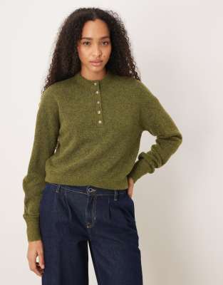 ASOS DESIGN - Gestricktes Henley-Oberteil aus Alpakawollmix in Olivgrün