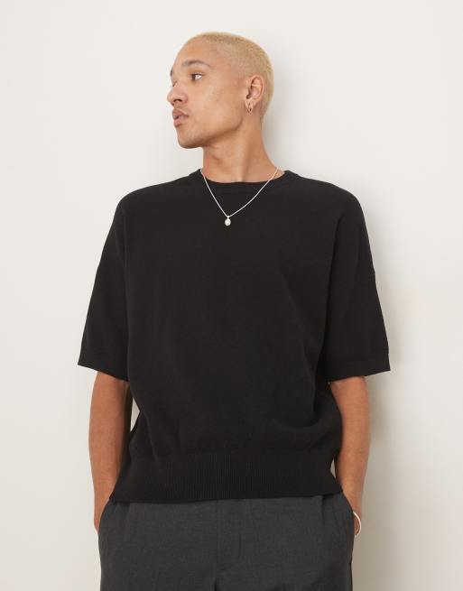 ASOS DESIGN – Gestricktes, kastiges Oversize-T-Shirt in Schwarz mit Pikee-Struktur