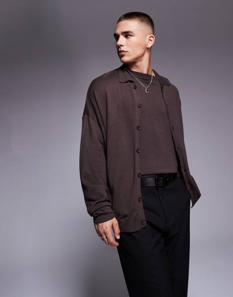 ASOS DESIGN – Gestricktes, langärmliges Polohemd in Braun mit Knopfleiste und lockerem Schnitt, Kombiteil - view 1