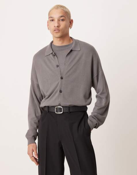 ASOS DESIGN – Gestricktes, langärmliges Polohemd in Grau mit Knopfleiste und lockerem Schnitt, Kombiteil - view 1