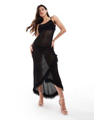 ASOS Design - Gestricktes Maxikleid in Schwarz mit gewebter Rüsche