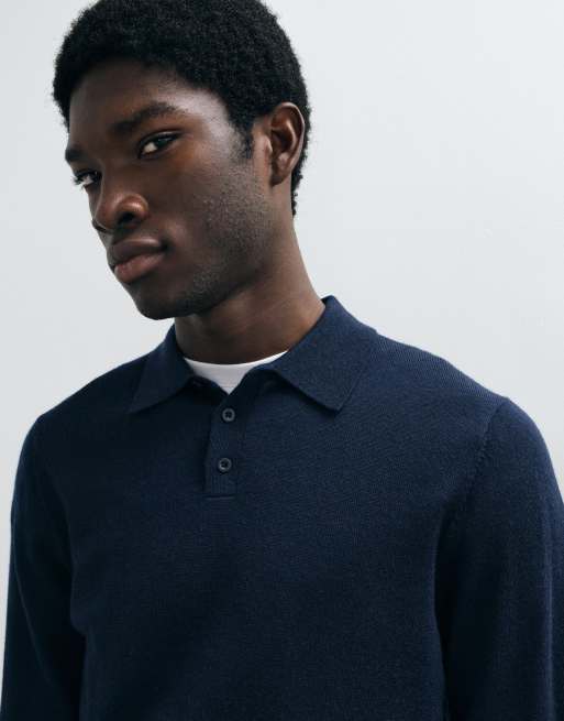 ASOS DESIGN gestricktes Merino-Polohemd mit langen Ärmeln in Marineblau, 2 von 5