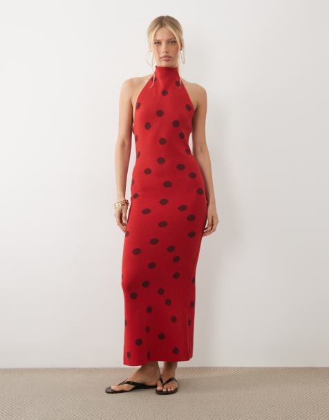 ASOS DESIGN – Gestricktes Neckholder-Maxikleid in Rot mit Polka Dots - view 1