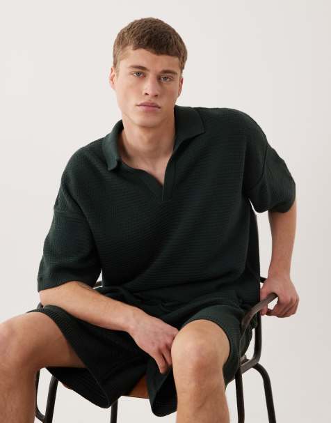 ASOS DESIGN – Gestricktes Oversize-Polohemd in Dunkelgrün mit eingekerbtem Ausschnitt, Kombiteil - view 1