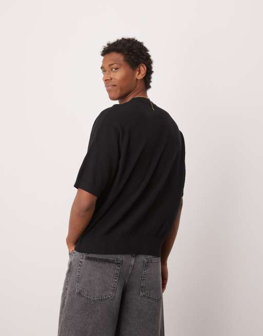 ASOS DESIGN – Gestricktes Oversize-T-Shirt in Schwarz mit Pikee-Struktur , 3 von 4